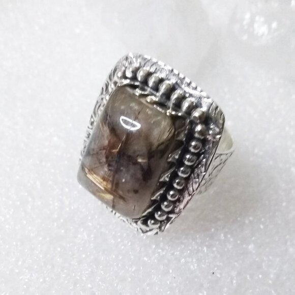 Sz 6.5 ~ Rutilated Quartz Ring! Square Cabochon! SouthWest Vibe! Wide Cigarband - Picture 8 of 10